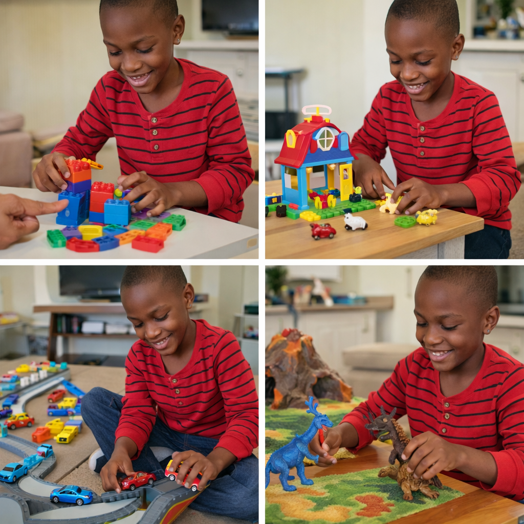 Toddler engaging with multiple toys during home play to encourage communication and language growth