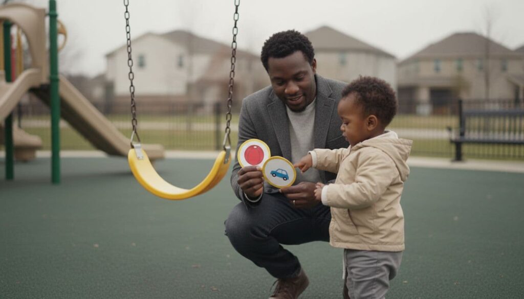A dad blowing bubbles near the yellow swing, toddler reaching up, bubbles catching gray sky light, background play structures blurred, muted tones, warm connection, no text