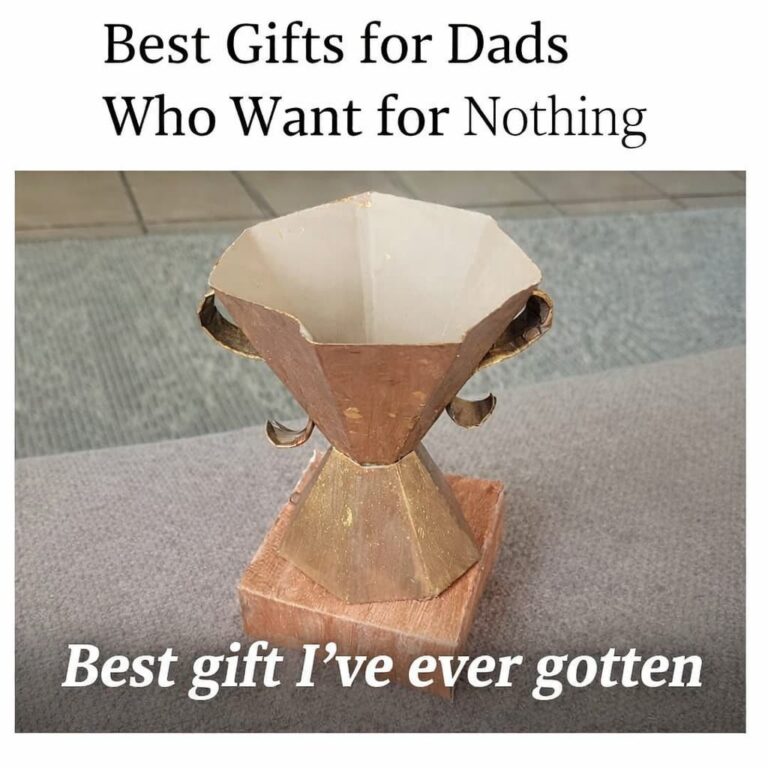 Graphic that says “Best Gifts for Dads Who Want for Nothing” above a vintage metal trophy on a wooden base