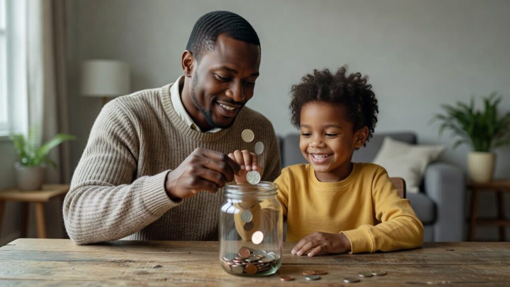 Black father and child putting coins into a glass savings jar together.
