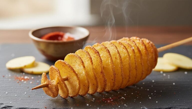 Crispy golden tornado potato on a skewer, seasoned with paprika and salt on a dark slate surface.
