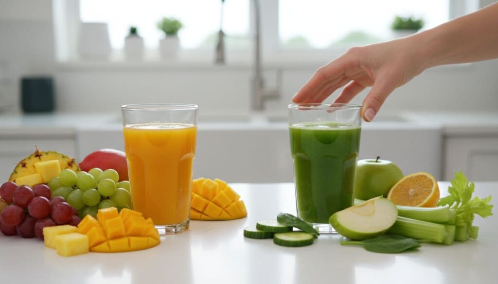 Close-up of two juices on a kitchen countertop: thick orange juice with sweet fruits on the left, vibrant green juice with fruits and vegetables on the right, with a hand reaching for the healthier green option.