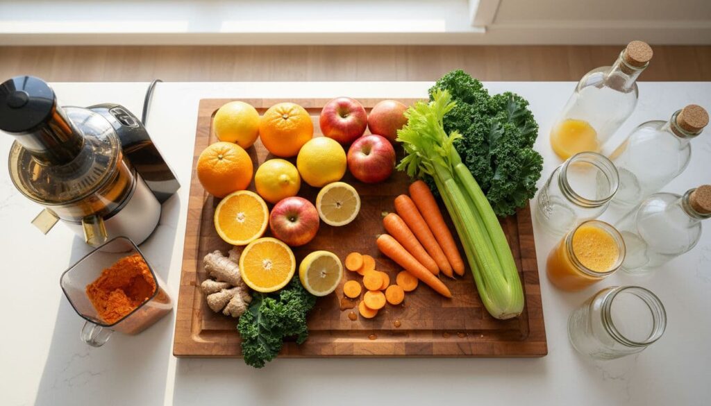 Overhead view of a kitchen counter prepared for juicing with a wooden cutting board, sliced oranges, lemons, apples, carrots, celery, kale, ginger, and a modern juicer beside glass bottles.