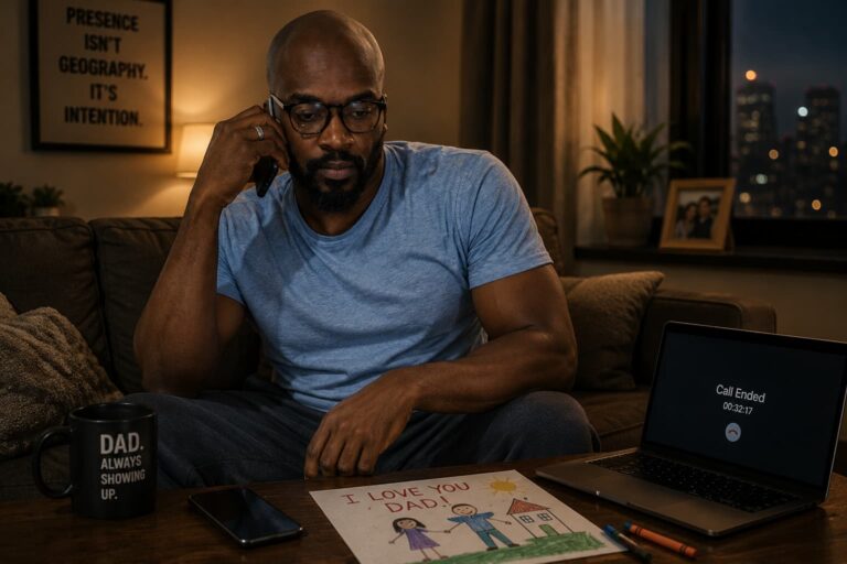 Father sitting alone after a video call with his children, reflecting on the emotional reality of parenting from afar as a child's drawing rests on the table beside him.