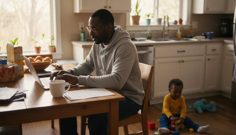 Black father working on a laptop at a kitchen table while a toddler plays with toys nearby.
