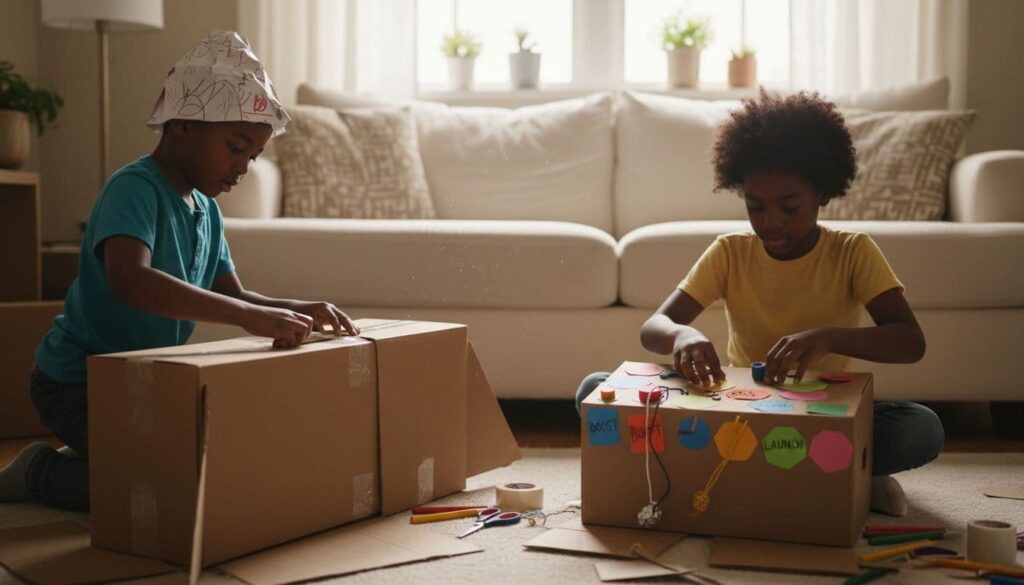 Three African American kids running a homemade cardboard lemonade stand in a backyard during imaginative play.