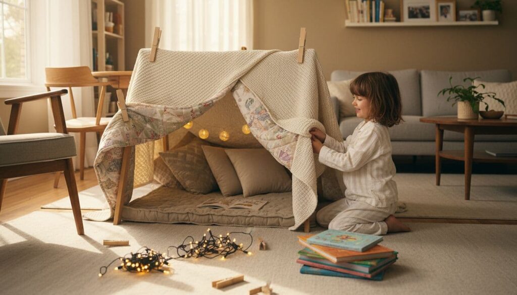 Child building a blanket-and-chair pillow fort with a reading nook inside.