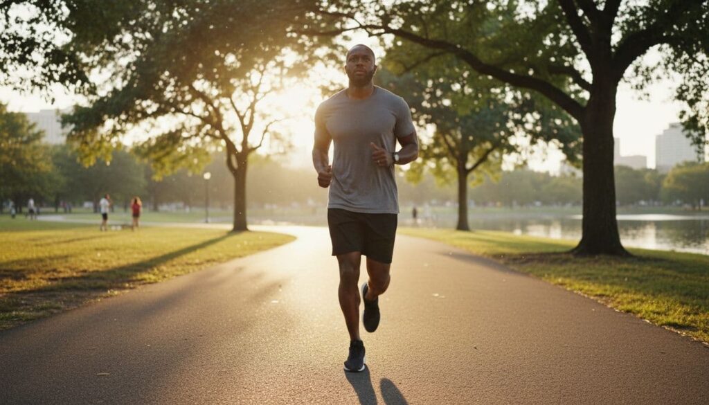 dad runs through a park at sunrise, building a steady routine with energy.
