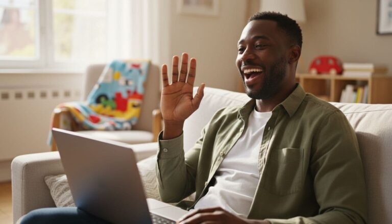 Black father laughs and waves during a video call with his kids on a laptop in a bright living room.