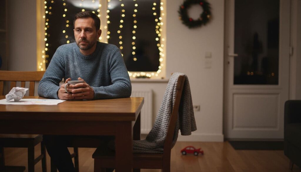 Dad sits by himself on Christmas, thinking about his children far away.