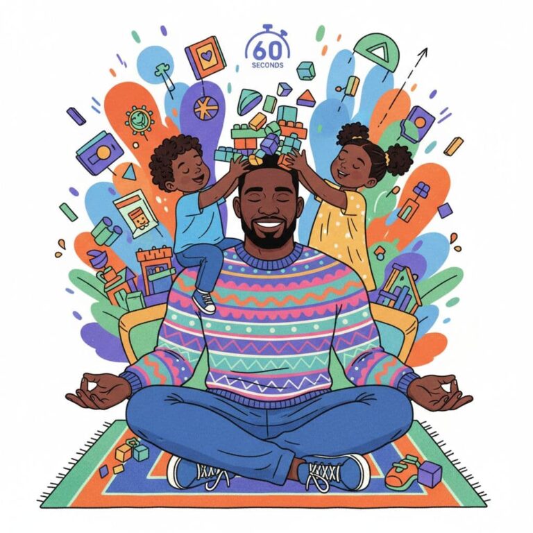 Dad closes his eyes and takes a slow breath while sitting in the kitchen.