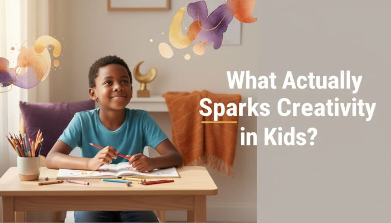 A Black child draws at a tidy desk as colorful gold, purple, and orange idea swirls rise above the workspace, with the headline on the right.