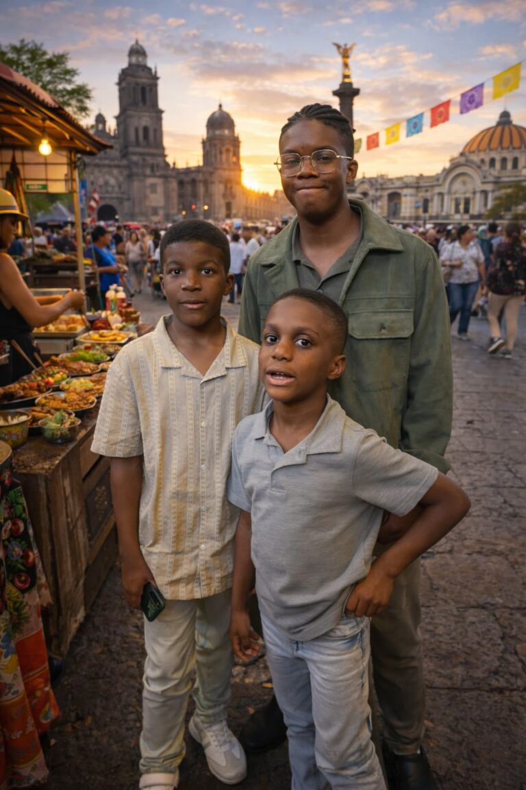 Three boys stand together in a lively Mexico City street scene at sunset, with local food stalls, historic buildings, and colorful banners in the background.