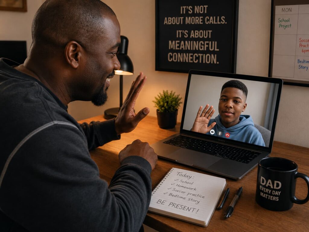 Dad having a meaningful video call with his son while parenting from afar.