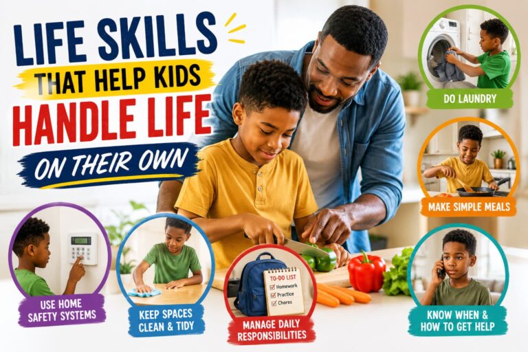 Black father teaching his son practical life skills, including cooking, laundry, home safety, cleaning, and handling everyday responsibilities independently.